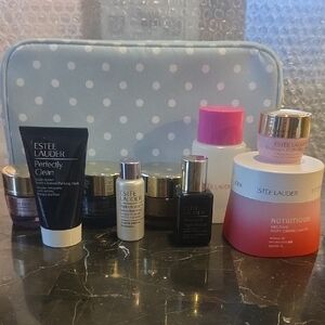 Estee Lauder Skincare Collection with Blue Polka Dot Bag